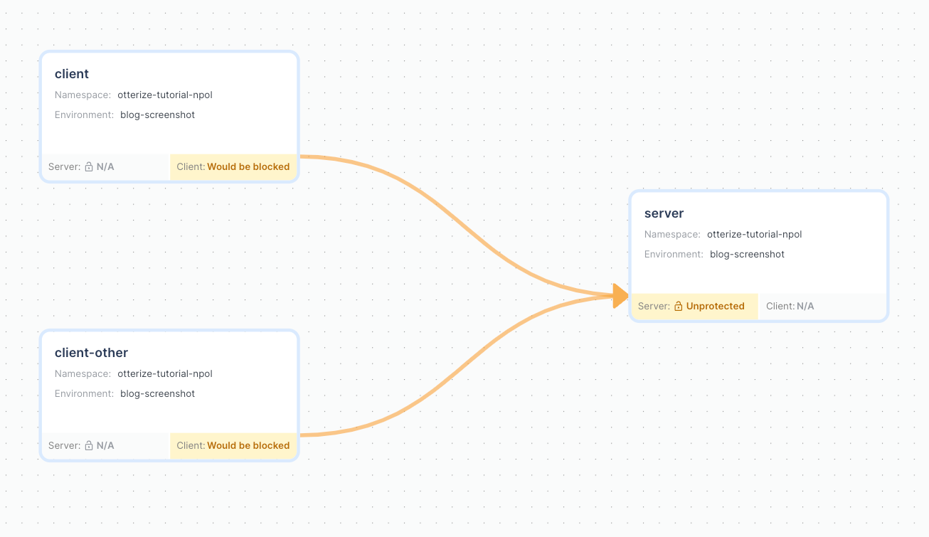 Screenshot of Otterize Cloud showing two clients communicating with a server